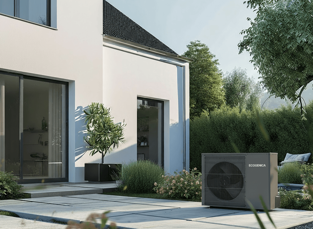 Ecogenica Outback heat pump installed outside a modern home, beside the garden patio